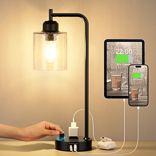 Industrial nightstand table lamp with USB-C charging port