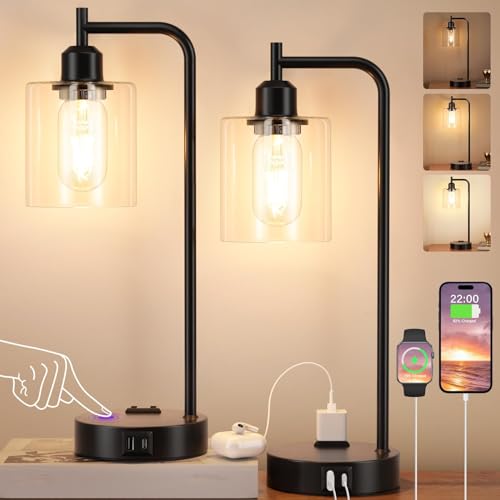 Industrial Touch Bedside Lamp Set of 2 with USB Charging Ports, 3-Way Dimmable