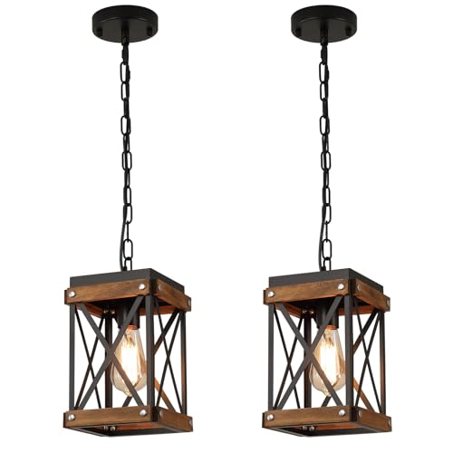 2-Pack Oak Wood Lantern Cage Pendant Lights for Farmhouse Decor
