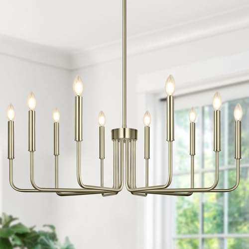 Brass 10-Light Farmhouse Candle Chandelier for Dining Room Decor