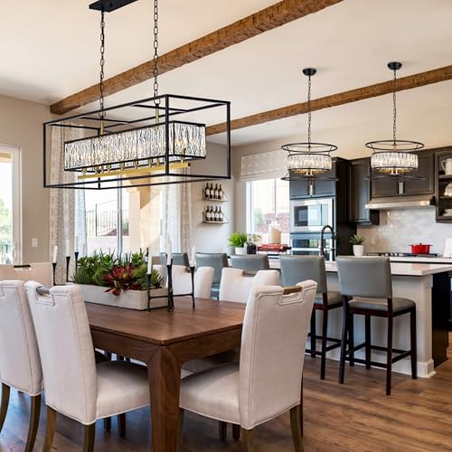 Large 8-Light Crystal Rectangle Chandelier, Black and Gold Decor