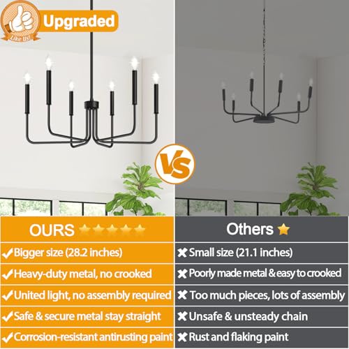 6-light black farmhouse chandelier for dining room decor, no assembly required