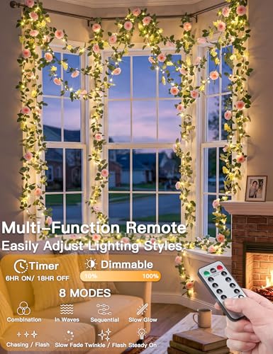 Floral vine LED string lights with remote for weddings and decor