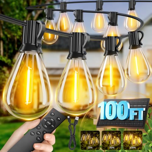 100Ft solar outdoor string lights with remote and 3 light modes