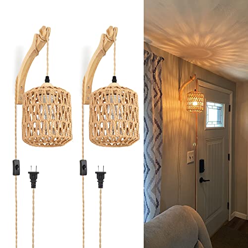 Set of 2 hand-woven rattan plug-in wall sconces for boho home decor