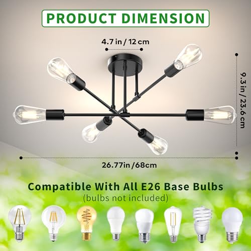 Black 22-Inch Sputnik Chandelier, 6-Light Fixture for Decor