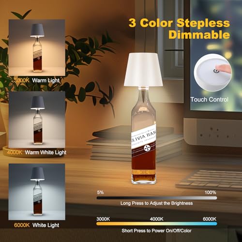 Rechargeable LED bottle lamp with 3 color modes for decor
