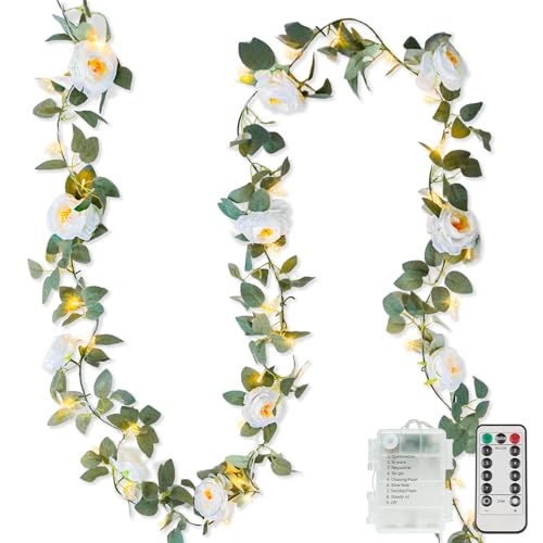 White camellia flower garland string lights, 60 LED vines with remote