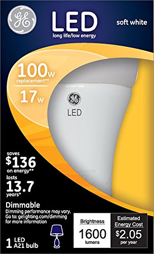 GE A21 LED Bulb Dimmable – 17W (100W Equiv.), 1600 Lumens, Soft White 2700K, Medium Base for Home Lighting