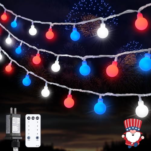 Patriotic red-white-blue globe string light, 100 LEDs with remote
