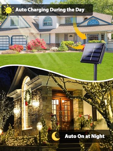 Solar outdoor string light, 200 LED with 8 modes, warm white, 2-pack