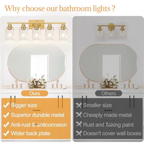 Brushed gold 5-light bathroom vanity fixture for home decor