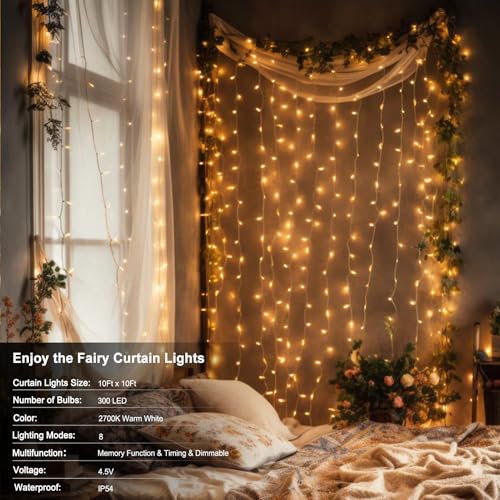 9.8x9.8-ft LED curtain string lights, battery operated, with remote and timer