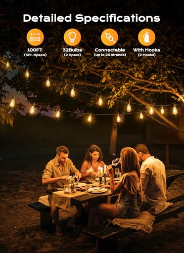 100-foot dimmable outdoor string light, shatterproof connectable bulbs