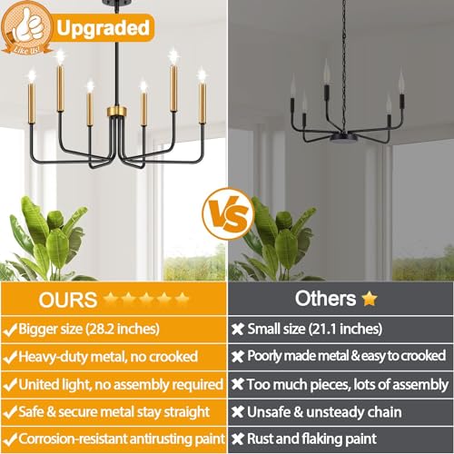 6-light black and gold farmhouse chandelier for dining room decor