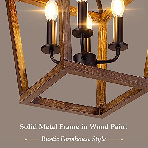 Oak Wood 4-Light Farmhouse Cage Chandelier for Kitchen Decor