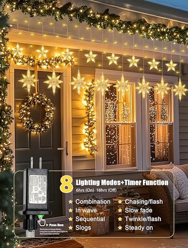 Star icicle curtain string light, 126 LED, 7.8 ft, 8 modes