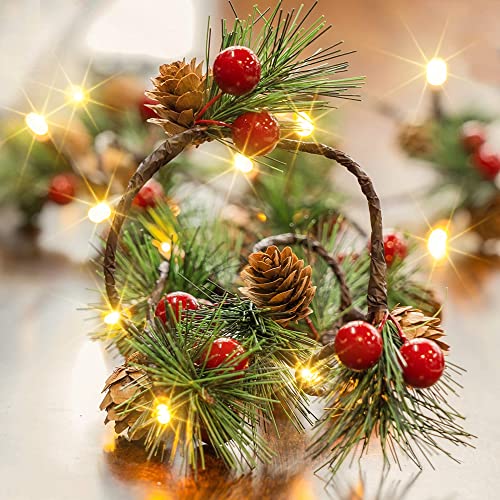 2-pack pine cone & berry garland string lights, 13 ft 40 LED battery