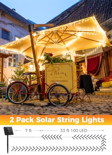 2-pack solar-powered outdoor string lights, 80-ft warm white with 8 modes