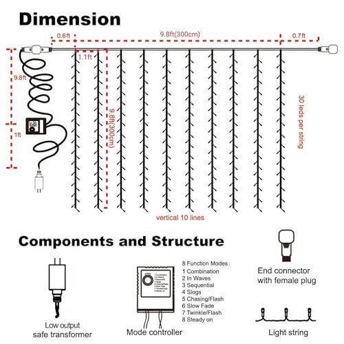 300 LED curtain string lights with remote, 8 modes for home decor