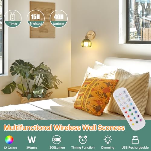 Vintage rechargeable wall sconce with green tulip glass shade for bedroom decor