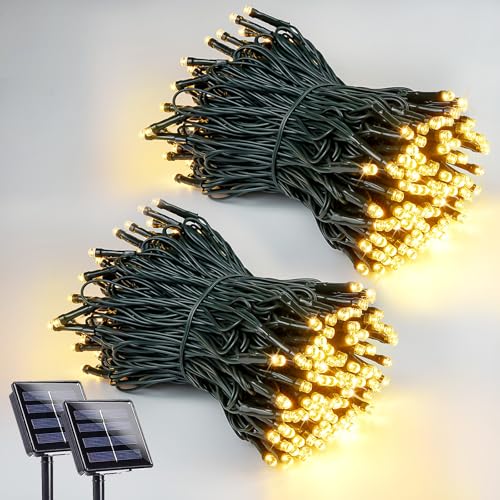 Solar outdoor string light, 200 LED with 8 modes, warm white, 2-pack
