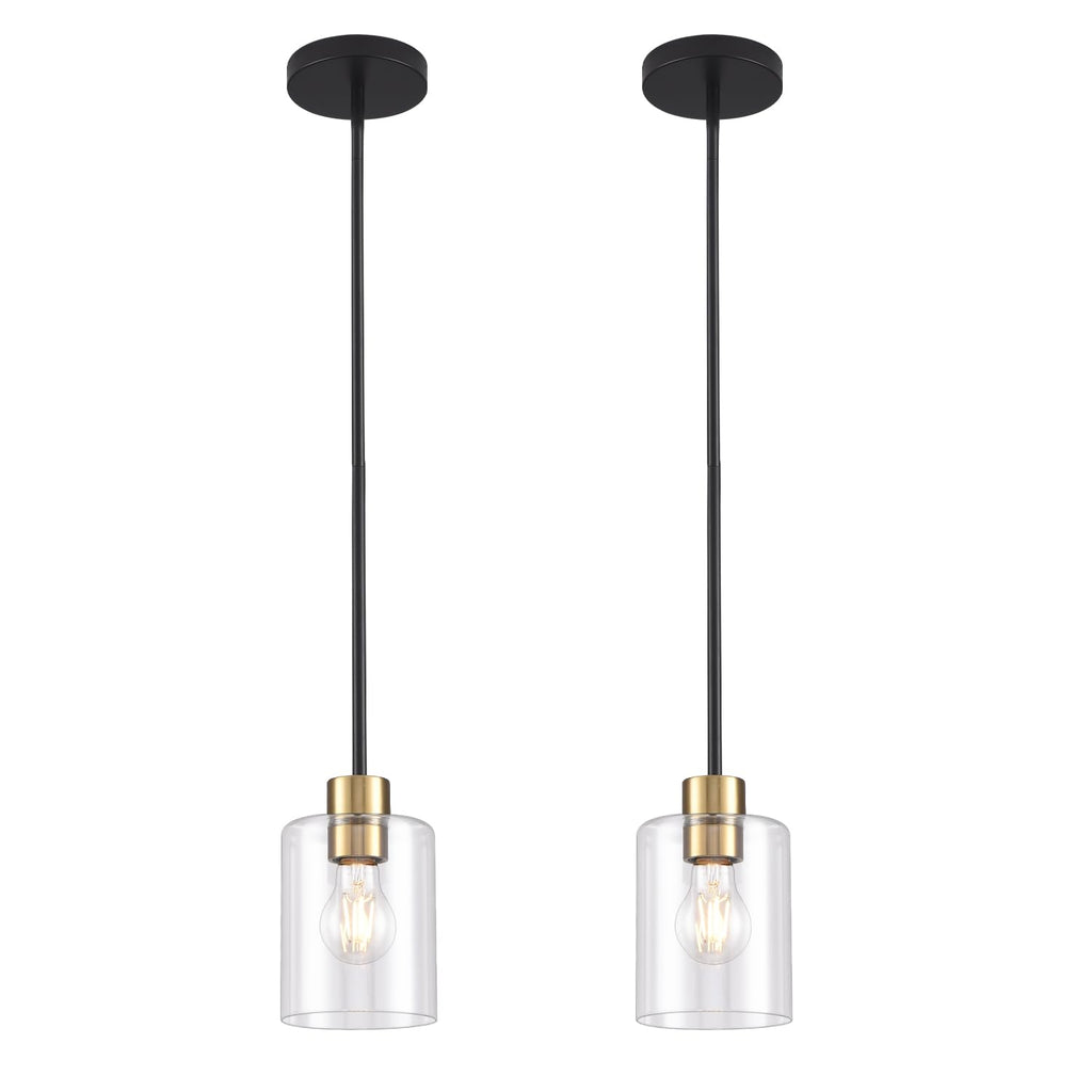 Black Brass Clear Glass Pendant Light Fixture Duo for Kitchen Decor