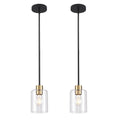 Black Brass Clear Glass Pendant Light Fixture Duo for Kitchen Decor
