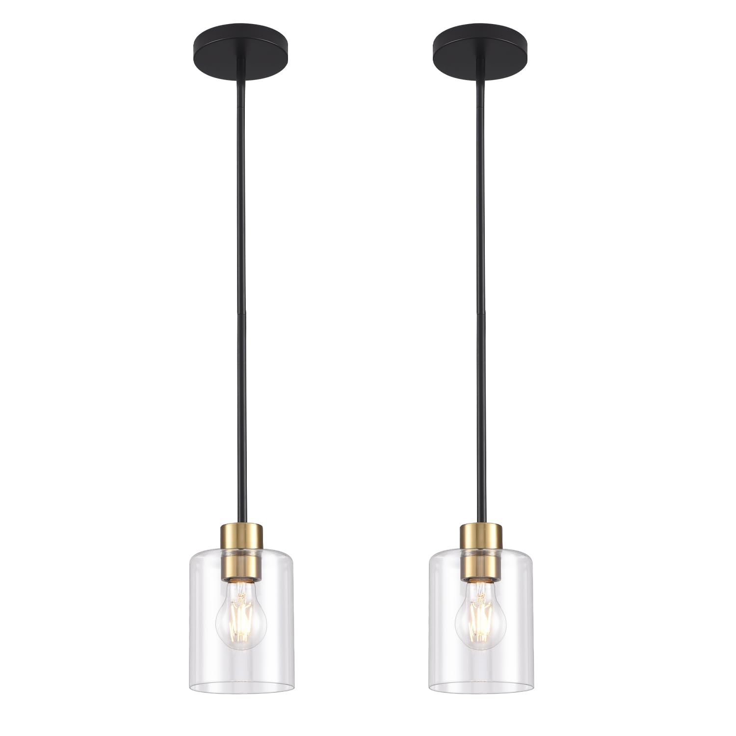 Black Brass Clear Glass Pendant Light Fixture Duo for Kitchen Decor