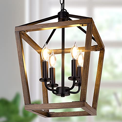 Oak Wood 4-Light Farmhouse Cage Chandelier for Kitchen Decor