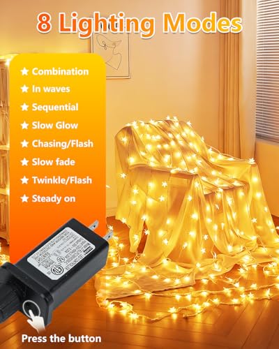 33 ft star-shaped string lights, 100 LED plug-in for bedroom decor