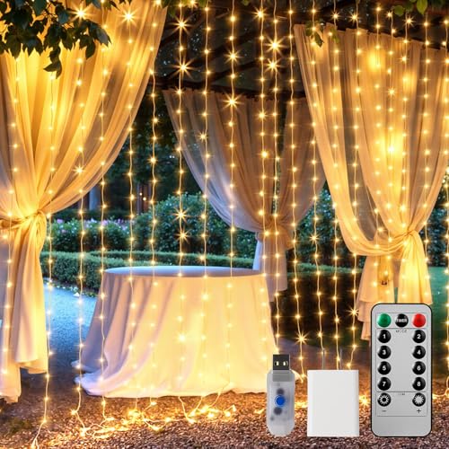 9.8 ft plug-in curtain string lights, 300 LED with 8 lighting modes