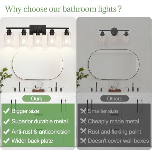 5-light matte black vanity sconce with glass shades for decor