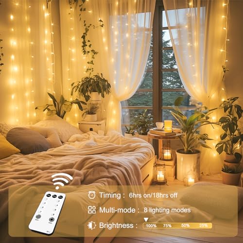 300-LED curtain string light with remote, warm white, window decor