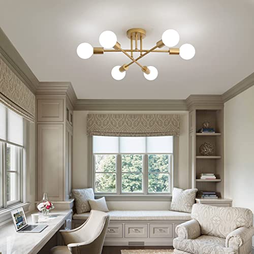Gold Sputnik 6-Light Semi Flush Mount Ceiling Fixture for Decor