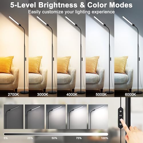 Double-head LED floor lamp with adjustable gooseneck and dimmable eye-care lighting
