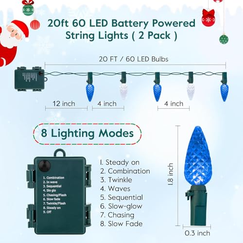 2-pack blue & white strawberry C6 string lights with timer, 8 modes