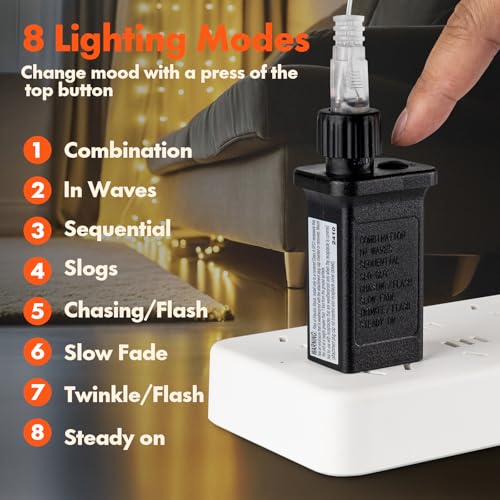 300-LED curtain string light with 8 modes, plug-in, warm white