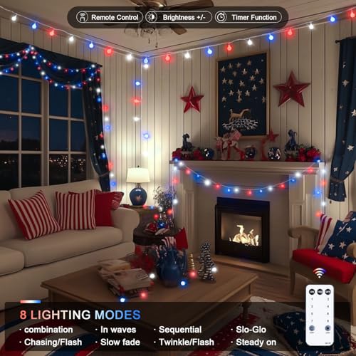 Patriotic red-white-blue globe string light, 100 LEDs with remote