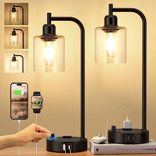 Industrial Nightstand Lamp Set of 2 with USB-A & USB-C Charging Ports