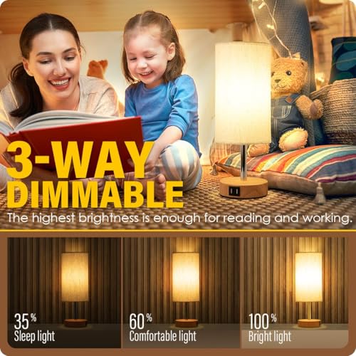 Touch Control Bedside Lamp with USB Ports, 3-Way Dimmable, Fabric Shade