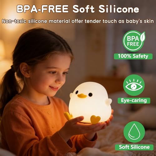 Squishy silicone duck night light, dimmable rechargeable touch lamp with timer