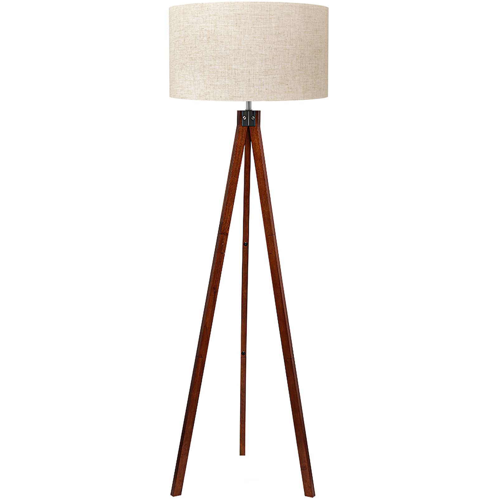 Mid-century wood tripod floor lamp with flaxen linen shade and E26 base