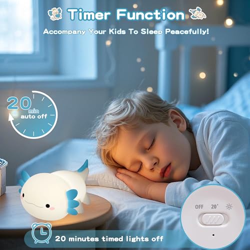 Squishy axolotl nursery night light, rechargeable and dimmable