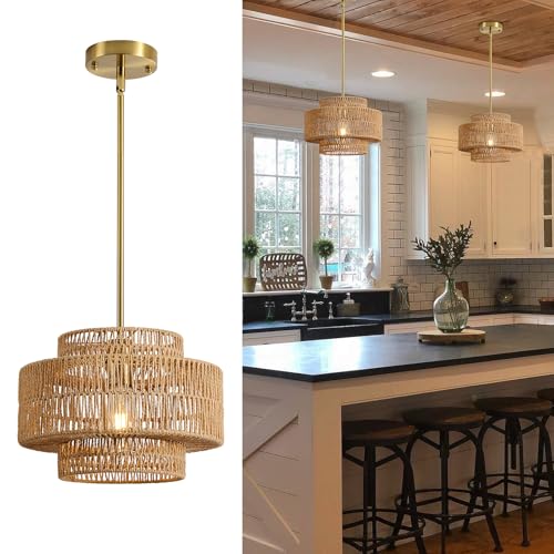 Hand-Woven Rattan Pendant Light, Boho Fixture for Farmhouse Decor