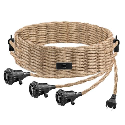 3-light plug-in pendant light kit, 25 ft hemp rope cord for decor