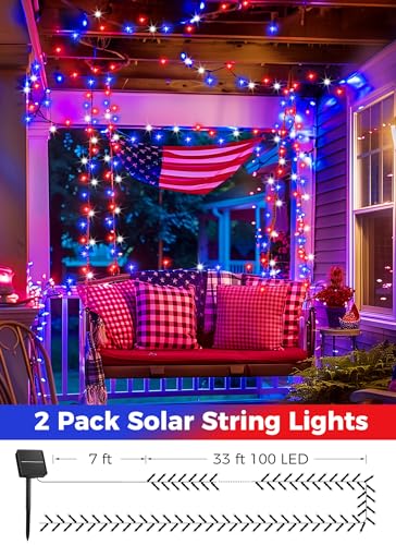 Solar red white and blue outdoor string light, 80ft 200 LED, 8 modes