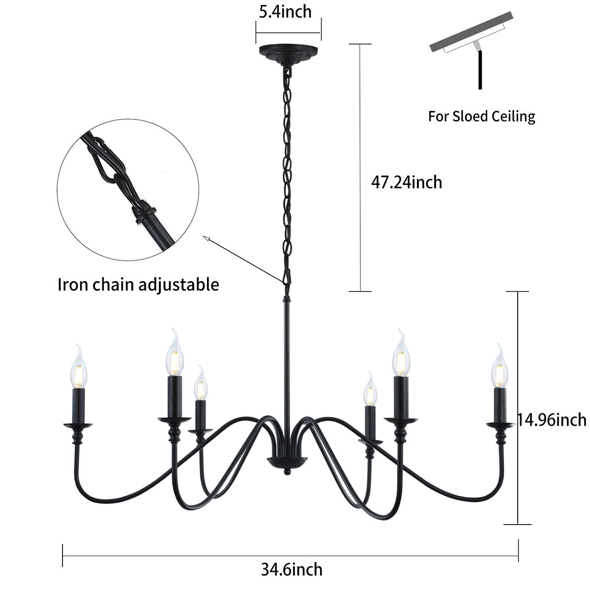 Black 6-Light Rustic Industrial Iron Chandelier for Home Decor
