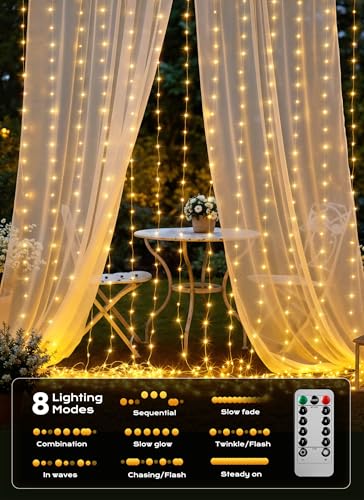 9.8 ft plug-in curtain string lights, 300 LED with 8 lighting modes