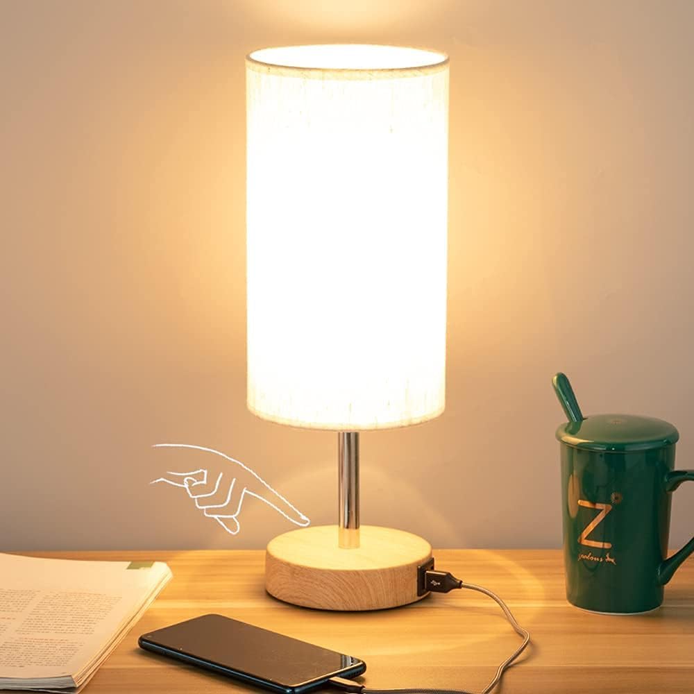 Touch Control Bedside Lamp with USB Ports, 3-Way Dimmable, Fabric Shade